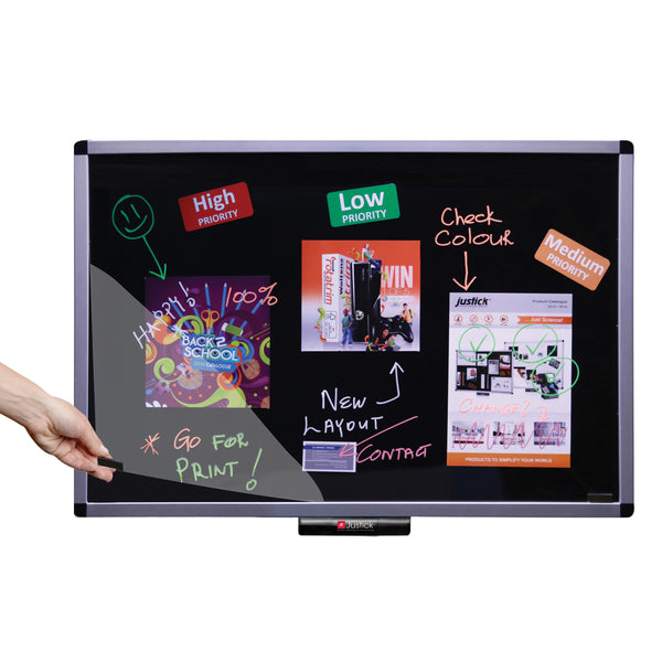 Justick by Smead, Premium Aluminum Frame Dry-Erase Board with Clear Overlay, 36"W x 24"H with Justick Electro Surface Technology, Black (02562)