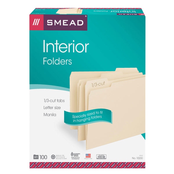 Smead Interior File Folder, 1/3-Cut Tab, Letter Size,  Manila , 100 per Box (10230)