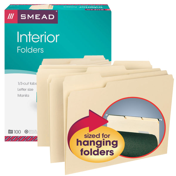 Smead Interior File Folder, 1/3-Cut Tab, Letter Size,  Manila , 100 per Box (10230)