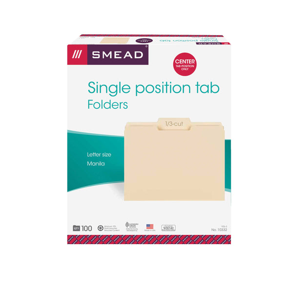 Smead File Folder, 1/3-Cut Tab Center Position, Letter Size, Manila, 100 per Box (10332)