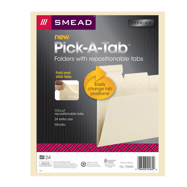 Smead Pick-A-Tab™ File Folder, Repositionable 1/3-Cut Tabs, Letter Size, Manila, 24 per Pack (10460)