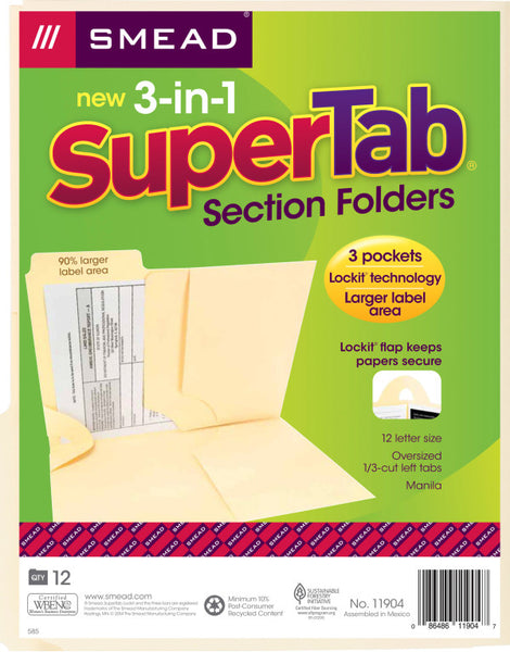 Smead 3-in-1 SuperTab® Section Folder, Oversized 1/3-Cut Tab - First Position, Letter Size, Manila, 12 per Pack (11904)