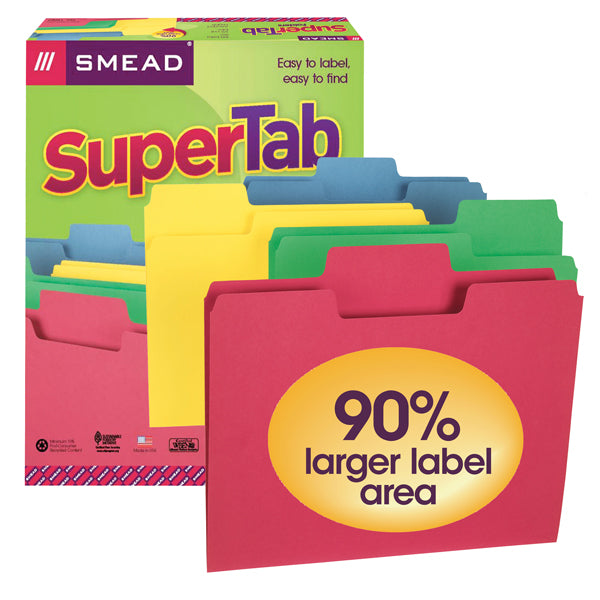 Smead SuperTab® File Folder, Oversized 1/3-Cut Tab, Letter Size, Assorted Colors, 24 per Pack (11956)