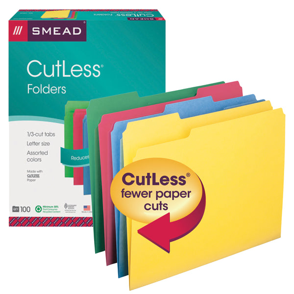 Smead CutLess® File Folder, 1/3-Cut Tab, Letter Size, Assorted Colors, 100 per Box (11959)