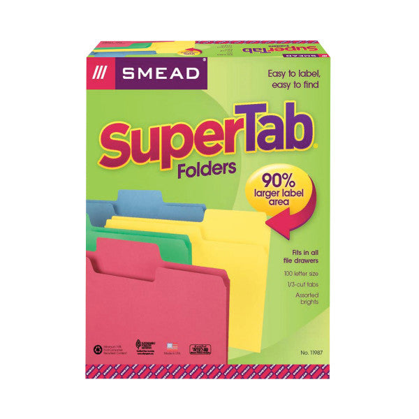 Smead SuperTab® File Folder, Oversized 1/3-Cut Tab, Letter Size, Assorted Colors, 100 per Box (11987)