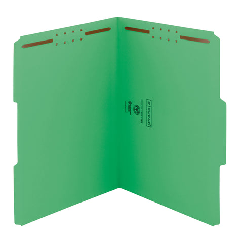 Smead 100% Recycled Fastener File Folder, 2 Fasteners, Reinforced 1/3-Cut Tab, Letter Size, Green, 50 per Box (12141)