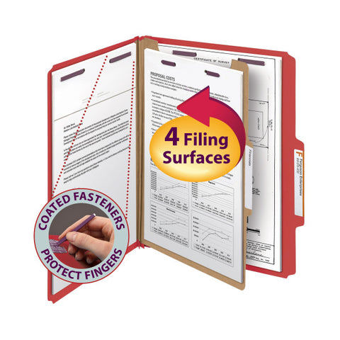Smead Pressboard Classification File Folder with SafeSHIELD® Fasteners, 1 Divider, 2" Expansion, Letter Size, Bright Red, 10 per Box (13731)