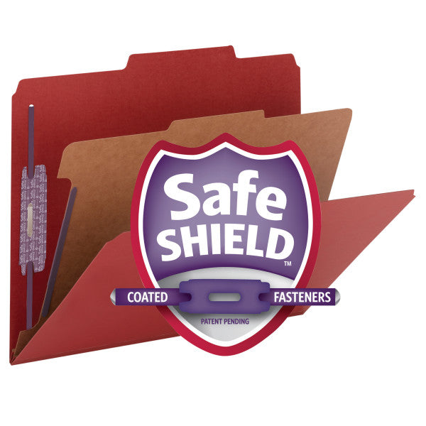 Smead Pressboard Classification File Folder with SafeSHIELD® Fasteners, 1 Divider, 2" Expansion, Letter Size, Bright Red, 10 per Box (13731)
