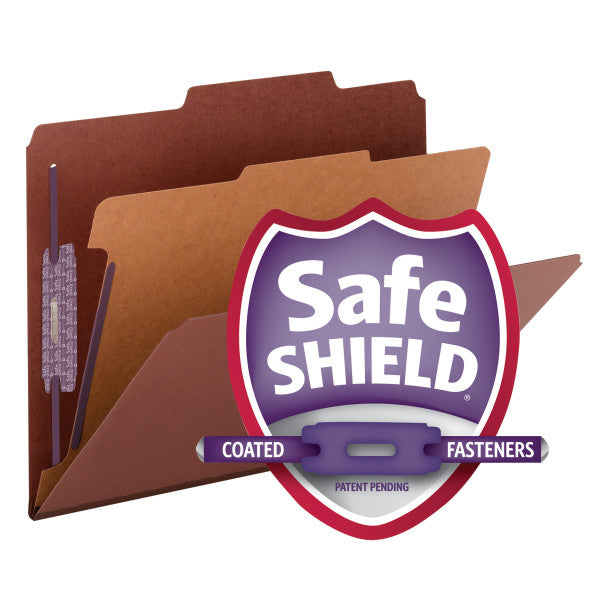 Smead Pressboard Classification File Folder with SafeSHIELD® Fasteners, 1 Divider, 2" Expansion, Letter Size, Red, 10 per Box (13775)