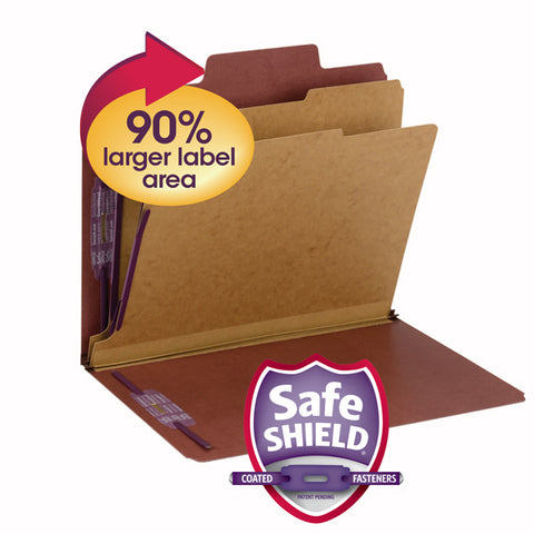 Smead SuperTab® Pressboard Classification File Folder with SafeSHIELD®  Fasteners, 2 Dividers, 2" Expansion, Letter Size, Red, 10 per Box (14070)