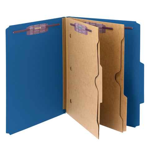 Smead Pressboard Classification Folder with Pocket Divider and SafeSHIELD® Fasteners, 2 Dividers, 2" Expansion, Letter Size, Dark Blue, 10 per Box (14077)