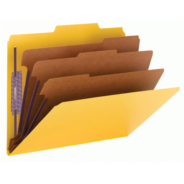 Smead Pressboard Classification File Folder with SafeSHIELD® Fasteners, 3 Dividers, 3" Expansion, Letter Size, Yellow, 10 per Box  (14098)