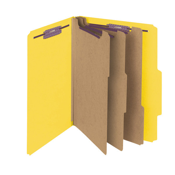 Smead Pressboard Classification File Folder with SafeSHIELD® Fasteners, 3 Dividers, 3" Expansion, Letter Size, Yellow, 10 per Box  (14098)