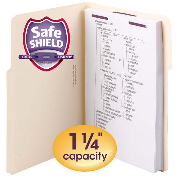Smead Extra-Capacity Manila Fastener Folders with SafeSHIELD® Coated Fastener Technology, 1/3-Cut Tab, Letter Size, 50 per Box (14575)