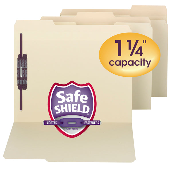 Smead Extra-Capacity Manila Fastener Folders with SafeSHIELD® Coated Fastener Technology, 1/3-Cut Tab, Letter Size, 50 per Box (14575)