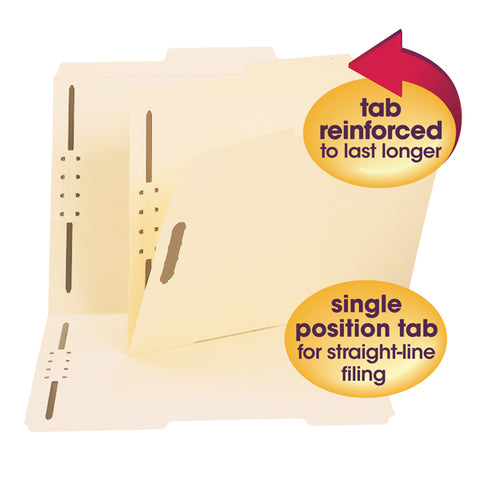 Smead Fastener File Folder, 2 Fasteners, Reinforced 2/5-Cut Tab Right Of Center Position, Guide Height, Letter Size, Manila, 50 per Box (14580)
