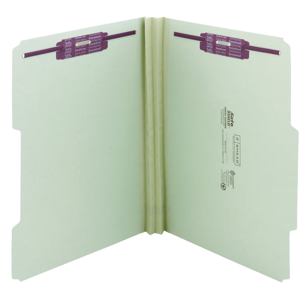 Smead Pressboard Fastener File Folder with SafeSHIELD® Fasteners, 2 Fasteners, 2/5-Cut Tab ROC Position, Guide Height, 2" Expansion, Letter Size, Gray/Green, 25 per Box (14982)