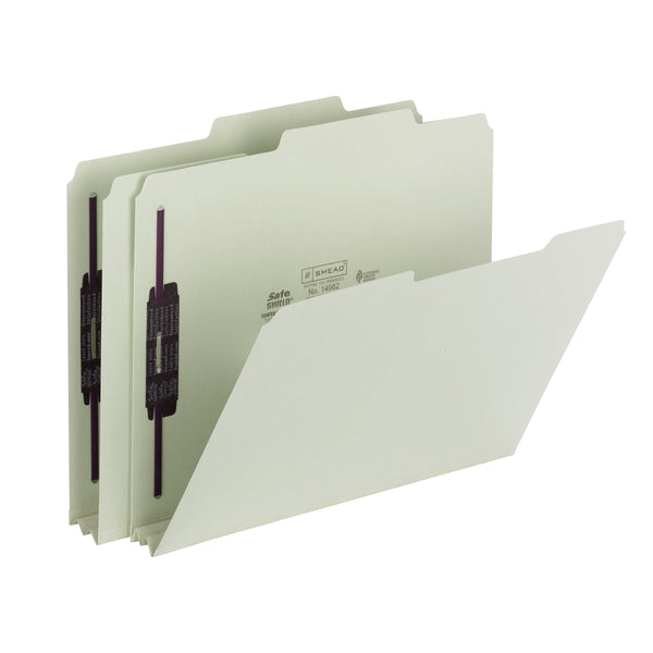 Smead Pressboard Fastener File Folder with SafeSHIELD® Fasteners, 2 Fasteners, 2/5-Cut Tab ROC Position, Guide Height, 2" Expansion, Letter Size, Gray/Green, 25 per Box (14982)