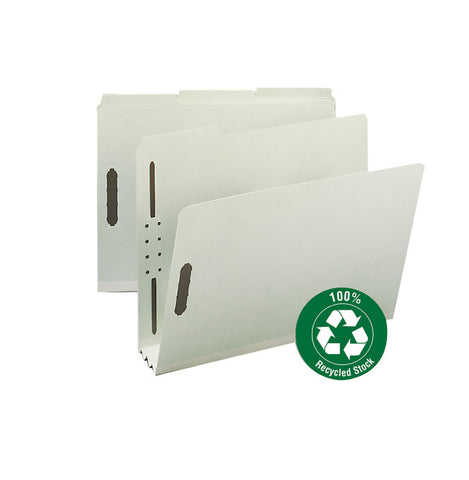 Smead 100% Recycled Pressboard Fastener File Folder, 1/3-Cut Tab, 3" Expansion, Letter Size, Gray/Green, 25 per Box (15005)