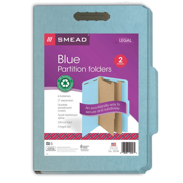 Smead 100% Recycled Pressboard Classification Folder, 2 Divider, 2" Expansion, Legal Size, Blue, 5 per Pack (19048)