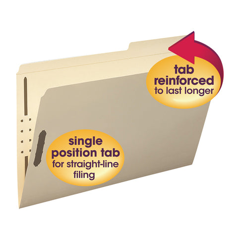 Smead Fastener File Folder, 2 Fasteners, Reinforced  2/5-Cut Tab Right Position, Guide Height, Legal Size, Manila, 50 per Box (19587)
