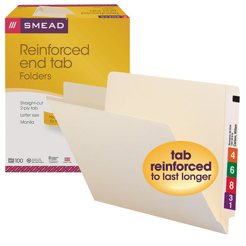 Smead End Tab File Folder, Shelf-Master® Reinforced Straight-Cut Tab, Letter Size, Manila, 100 per Box (24110)