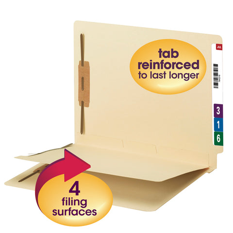 Smead End Tab Fastener File Folder with Divider, Reinforced Straight-Cut Tab, 4 Fasteners, 1 Divider, Letter Size, Manila, 50 per Box (34220)