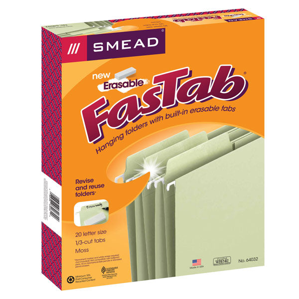 Smead Erasable FasTab® Hanging File Folder, 1/3-Cut Built-In Tab, Letter Size, Moss, 20 per Box (64032)