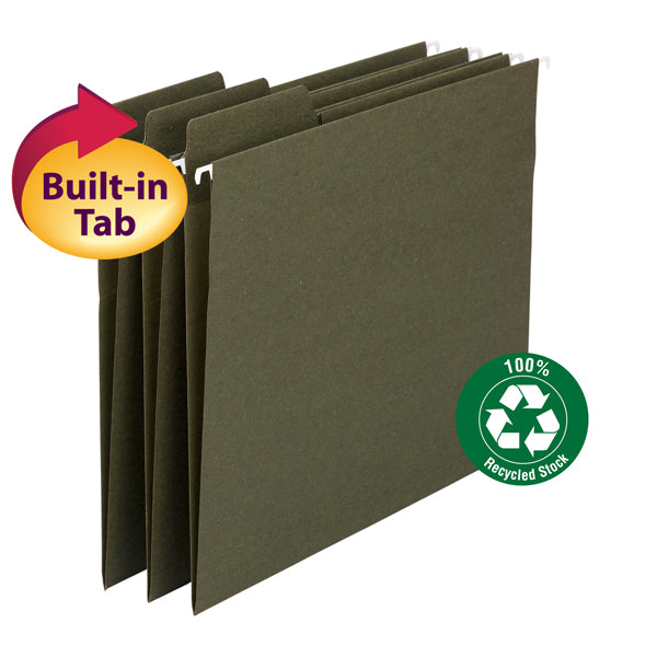 Smead 100% Recycled FasTab® Hanging File Folder, 1/3-Cut Built-In Tab, Letter Size, Moss, 20 per Box (64037)