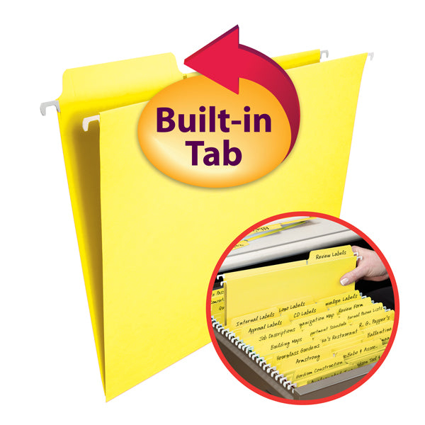 Smead FasTab® Hanging File Folder, 1/3-Cut Built-In Tab, Letter Size, Yellow, 20 per Box (64097)