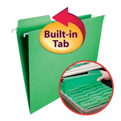 Smead FasTab® Hanging File Folder, 1/3-Cut Built-In Tab, Letter Size, Green, 20 per Box (64098)