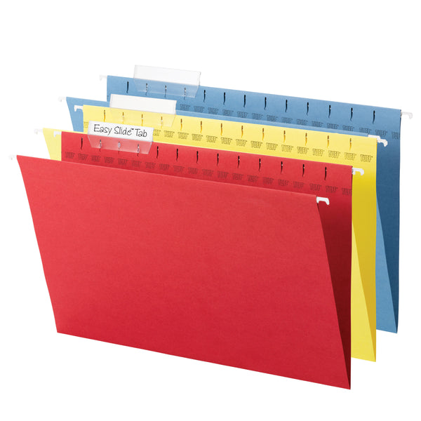 Smead TUFF® Hanging File Folder with Easy Slide™ Tab, 1/3-Cut Adjustable Plastic Tabs, Legal Size, Assorted Colors, 15 per Box (64140)