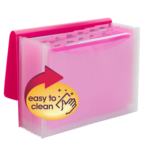 Smead Poly Expanding File, 12 Dividers, Flap and Cord Closure, Letter Size, Wave Pattern Pink/Clear (70864)