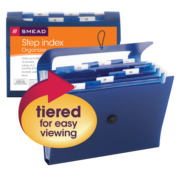 Smead Step Index Poly Organizer, 12 Pockets, Flap and Cord Closure, Letter Size, Navy Blue (70902)