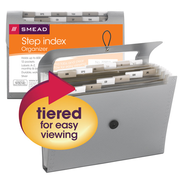 Smead Step Index Poly Organizer, 12 Pockets, Flap and Cord Closure, Letter Size, Silver (70903)
