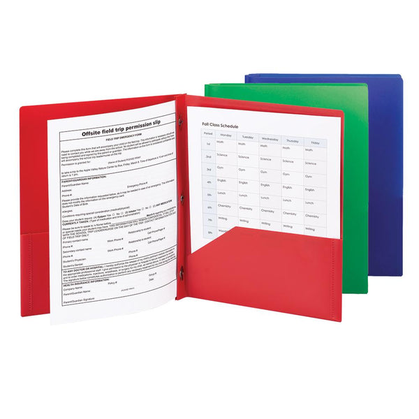 Smead Poly Two-Pocket Folder with Tang Style Fasteners, Letter Size, Assorted Colors, 3 per Pack (87737)