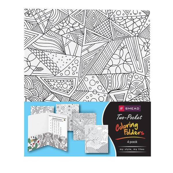 Smead Two-Pocket Coloring Folder, Floral-nature-birds and geometric designs, Letter Size, 4 per pack (87911)