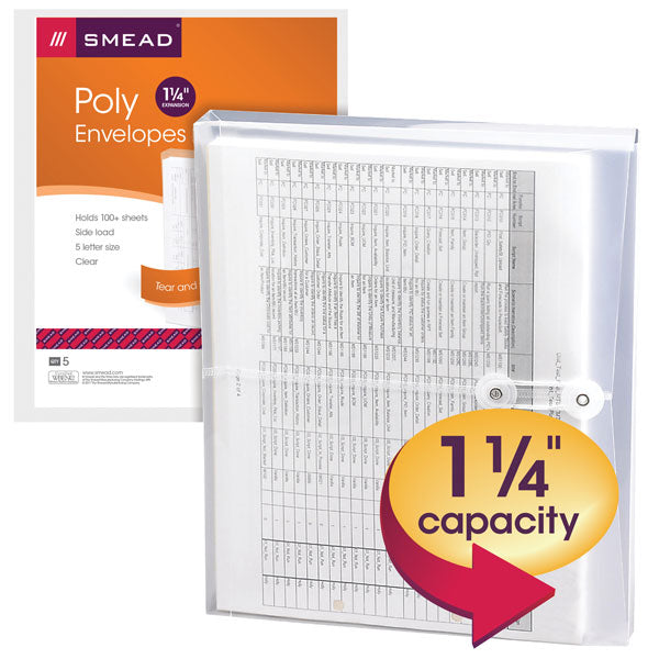 Smead Poly Envelope, 1-1/4" Expansion, String-Tie Closure, Side Load, Letter Size, Clear, 5-Pack (89521)