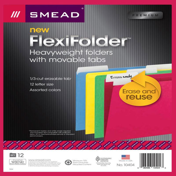 Smead FlexiFolder Heavyweight File Folder with Movable Tab, Erasable, Extra Wide 1/3-Cut Tab, Letter Size, Assorted Colors, 12 per Pack (10404)