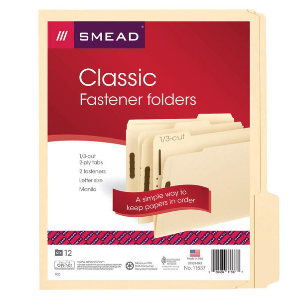 Smead Fastener File Folder, 2 Fasteners, Reinforced 1/3-Cut Tab, Letter Size, Manila, 12 per Pack (11537)