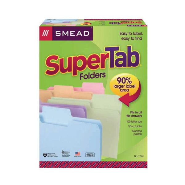 Smead SuperTab® File Folder, 1/3-Cut Tab, Letter Size, Assorted Colors, 100 per Box (11961)
