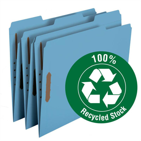Smead 100% Recycled Fastener File Folder, 2 Fasteners, Reinforced 1/3-Cut Tab, Letter Size, Blue, 50 per Box (12041)