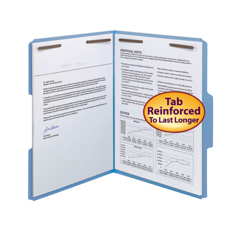Smead WaterShed®/CutLess® Fastener File Folder, 2 Fasteners, Reinforced 1/3-Cut Tab, Letter Size, Blue, 50 per Box (12042)