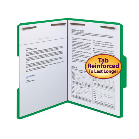 Smead Fastener File Folder, 2 Fasteners, Reinforced 1/3-Cut Tab, Letter Size, Green, 50 per Box (12140)