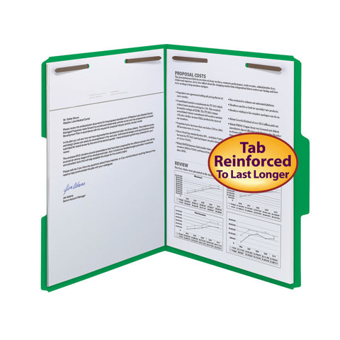 Smead WaterShed®/CutLess® Fastener Folder, 2 Fasteners, Reinforced 1/3-Cut Tab, Letter Size, Green, 50 per Box (12142)