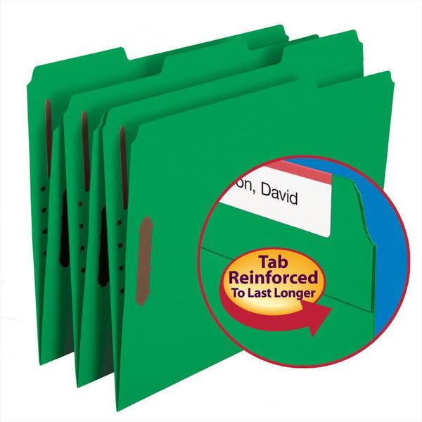 Smead WaterShed®/CutLess® Fastener Folder, 2 Fasteners, Reinforced 1/3-Cut Tab, Letter Size, Green, 50 per Box (12142)