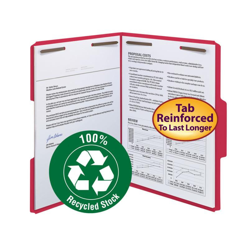 Smead 100% Recycled Fastener File Folder, 2 Fasteners, Reinforced 1/3-Cut Tab, Letter Size, Red, 50 per Box (12741)