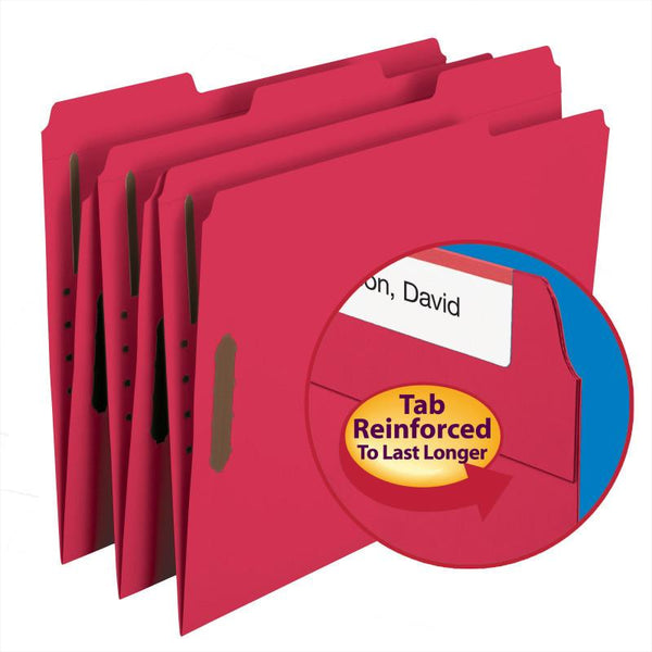 Smead WaterShed®/CutLess® Fastener File Folder, 2 Fasteners, Reinforced 1/3-Cut Tab, Letter Size, Red, 50 per Box (12742)