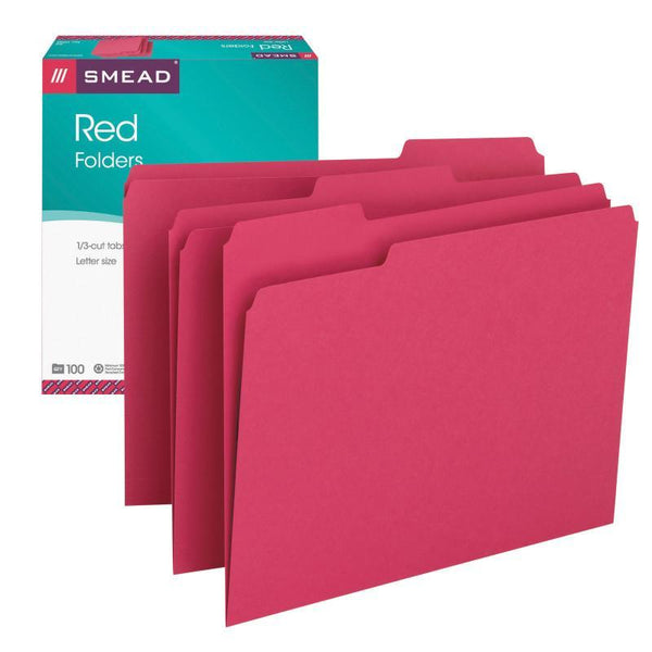 Smead File Folder, 1/3-Cut Tab, Letter Size, Red, 100 per Box (12743)