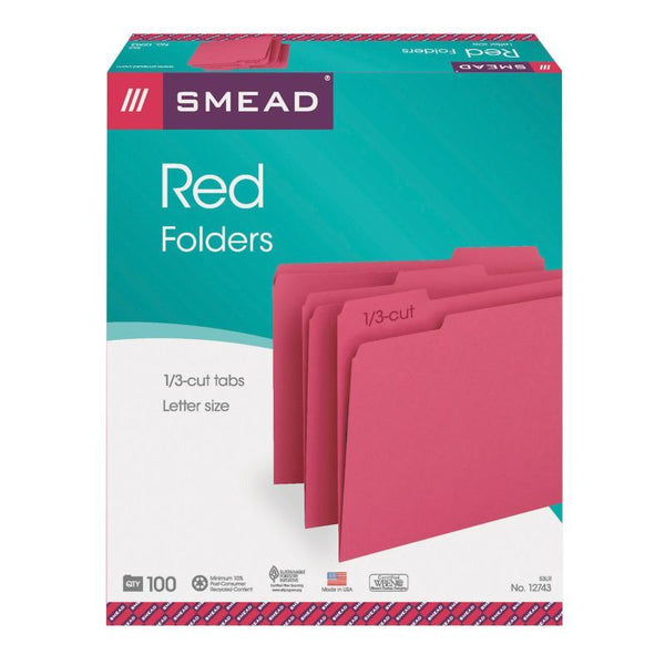 Smead File Folder, 1/3-Cut Tab, Letter Size, Red, 100 per Box (12743)